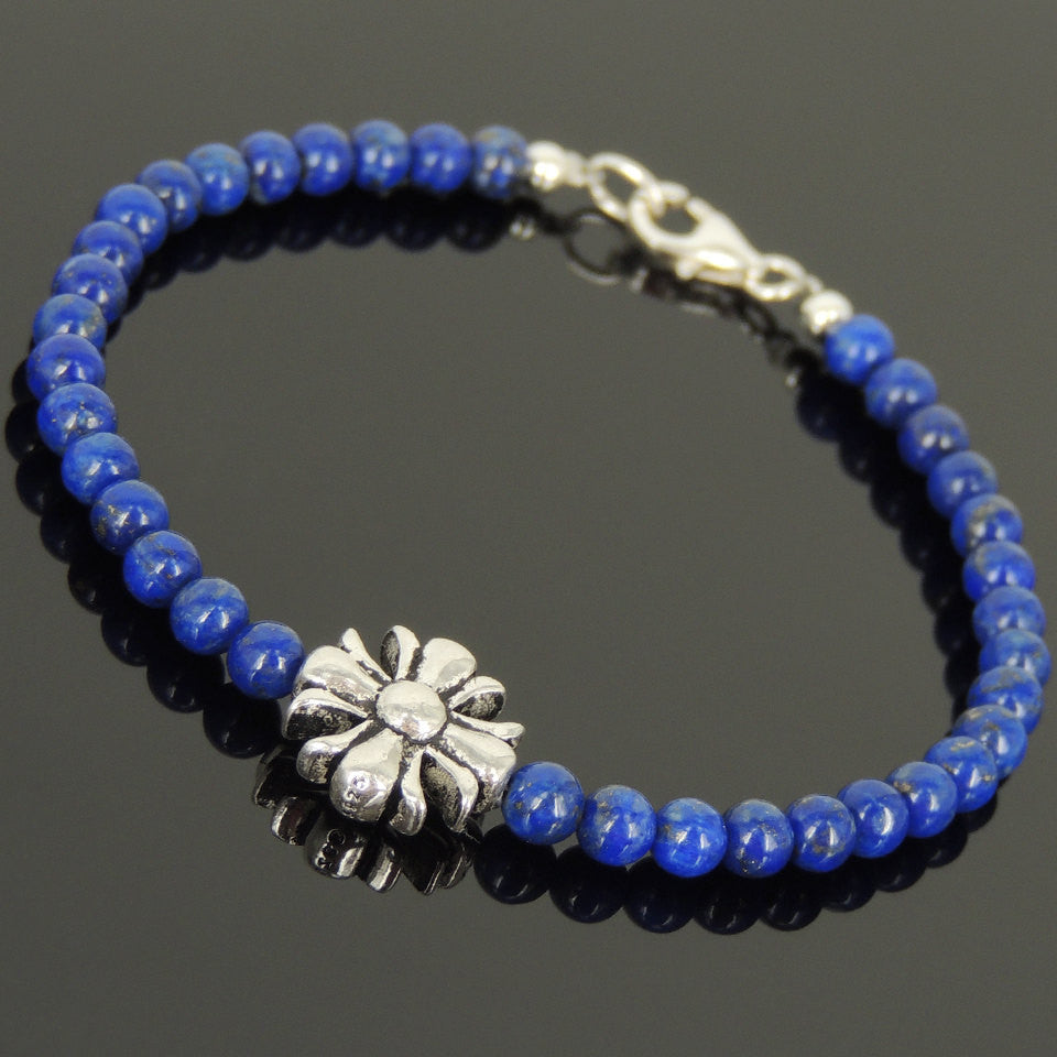 4mm Lapis Lazuli Healing Gemstone Bracelet with S925 Sterling Silver Cross Charm Spacers & Clasp - Handmade by Gem & Silver BR599