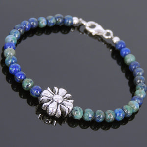 4mm Mixed Chrysocolla Lapis Healing Gemstone Bracelet with S925 Sterling Silver Cross Charm - Handmade by Gem & Silver BR600