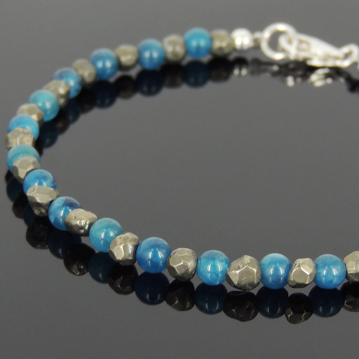 4mm Apatite & Faceted Gold Pyrite Healing Gemstone Bracelet with S925 Sterling Silver Beads & Clasp - Handmade by Gem & Silver BR601