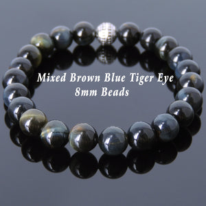 Brown Blue Tiger Eye Healing Gemstone Bracelet with S925 Sterling Silver Artisan Bead - Handmade by Gem & Silver BR603