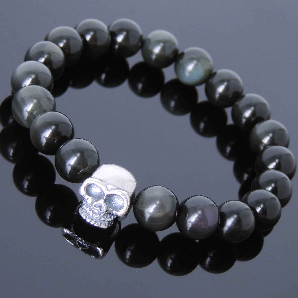 10mm Rainbow Black Obsidian Healing Gemstone Bracelet with S925 Sterling Silver Skull Protection Charm - Handmade by Gem & Silver BR606