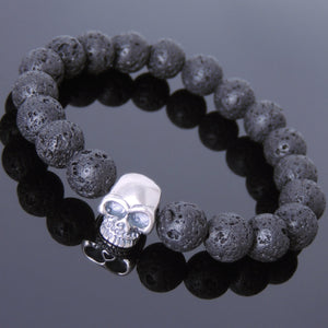 10mm Lava Rock Healing Stone Bracelet with S925 Sterling Silver Protection Skull Charm - Handmade by Gem & Silver BR607