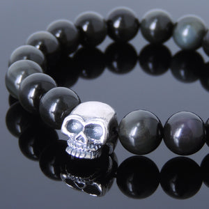 10mm Rainbow Black Obsidian Healing Gemstone Bracelet with S925 Sterling Silver Skull Protection Charm - Handmade by Gem & Silver BR606