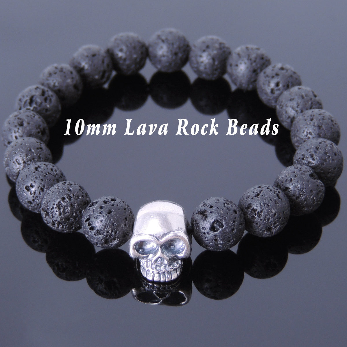 10mm Lava Rock Healing Stone Bracelet with S925 Sterling Silver Protection Skull Charm - Handmade by Gem & Silver BR607