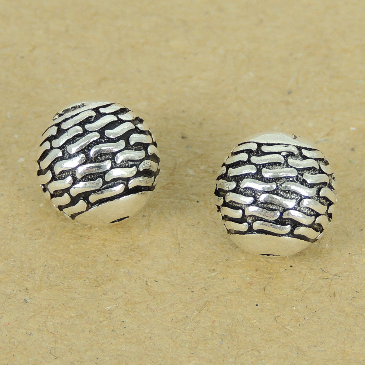 2 PCS 9.5mm Stone Pattern Beads - S925 Sterling Silver WSP388X2