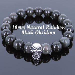 10mm Rainbow Black Obsidian Healing Gemstone Bracelet with S925 Sterling Silver Skull Charm - Handmade by Gem & Silver BR612