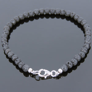 4mm Lava Rock Healing Stone Bracelet with S925 Sterling Silver Spacer Beads & Clasp - Handmade by Gem & Silver BR615