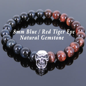 8mm Blue & Red Tiger Eye Healing Gemstone Bracelet with S925 Sterling Silver Protection Skull Charm - Handmade by Gem & Silver BR619E