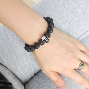 10mm Lava Rock Healing Stone Bracelet with S925 Sterling Silver Skull Charm - Handmade by Gem & Silver BR613