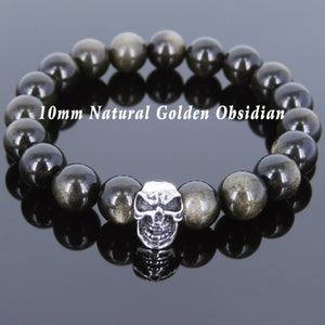 10mm Golden Obsidian Healing Gemstone Bracelet with S925 Sterling Silver Skull Charm - Handmade by Gem & Silver BR614
