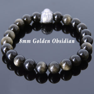 8mm Golden Obsidian Healing Gemstone Bracelet with S925 Sterling Silver Courage Indian Skull Bead - Handmade by Gem & Silver BR610