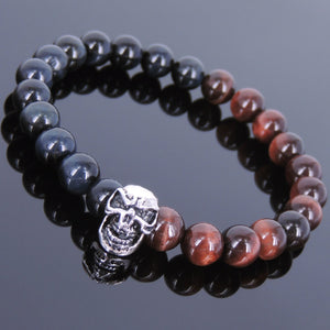 8mm Blue & Red Tiger Eye Healing Gemstone Bracelet with S925 Sterling Silver Protection Skull Charm - Handmade by Gem & Silver BR619E