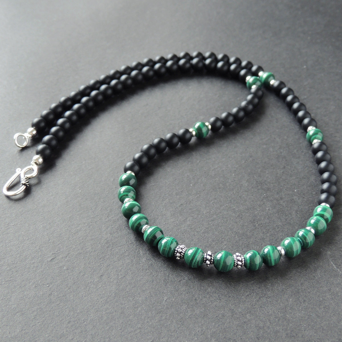 Malachite & Matte Black Onyx Healing Gemstone Necklace with S925 Sterling Silver Spacer Beads & S-hook Clasp - Handmade by Gem & Silver NK084