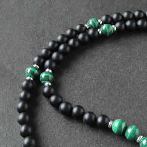 Malachite & Matte Black Onyx Healing Gemstone Necklace with S925 Sterling Silver Spacer Beads & S-hook Clasp - Handmade by Gem & Silver NK084