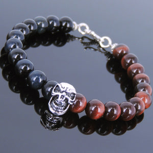 8mm Blue & Red Tiger Eye Healing Gemstone Bracelet with S925 Sterling Silver Spacer Protection Skull & S-Hook Clasp - Handmade by Gem & Silver BR619