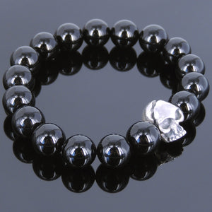 12mm Bright Black Onyx Healing Gemstone Bracelet with S925 Sterling Silver Skull Protection Charm - Handmade by Gem & Silver BR630