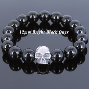 12mm Bright Black Onyx Healing Gemstone Bracelet with S925 Sterling Silver Skull Protection Charm - Handmade by Gem & Silver BR630