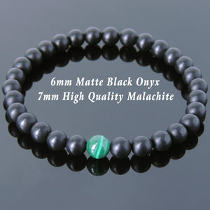 6mm Matte Black Onyx & 7mm Malachite Healing Gemstone Bracelet - Handmade by Gem & Silver BR625