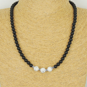 White Howlite & Matte Black Onyx Healing Gemstone Necklace with S925 Sterling Silver Artisan Spacers & Clasp - Handmade by Gem & Silver NK086