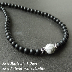White Howlite & Matte Black Onyx Healing Gemstone Necklace with S925 Sterling Silver Artisan Cube Balance Beads & S-Hook Clasp - Handmade by Gem & Silver NK038