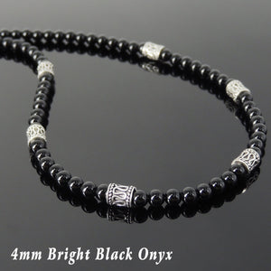 4mm Bright Black Onyx Healing Gemstone Necklace with S925 Sterling Silver Barrel Beads & Clasp - Handmade by Gem & Silver NK087
