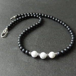 White Howlite & Matte Black Onyx Healing Gemstone Necklace with S925 Sterling Silver Artisan Spacers & Clasp - Handmade by Gem & Silver NK086