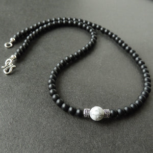 White Howlite & Matte Black Onyx Healing Gemstone Necklace with S925 Sterling Silver Artisan Cube Balance Beads & S-Hook Clasp - Handmade by Gem & Silver NK038