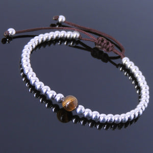 6mm Brown Tiger Eye Adjustable Braided Bracelet with S925 Sterling Silver 4mm Beads - Handmade by Gem & Silver BR628