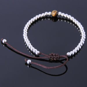 6mm Brown Tiger Eye Adjustable Braided Bracelet with S925 Sterling Silver 4mm Beads - Handmade by Gem & Silver BR628