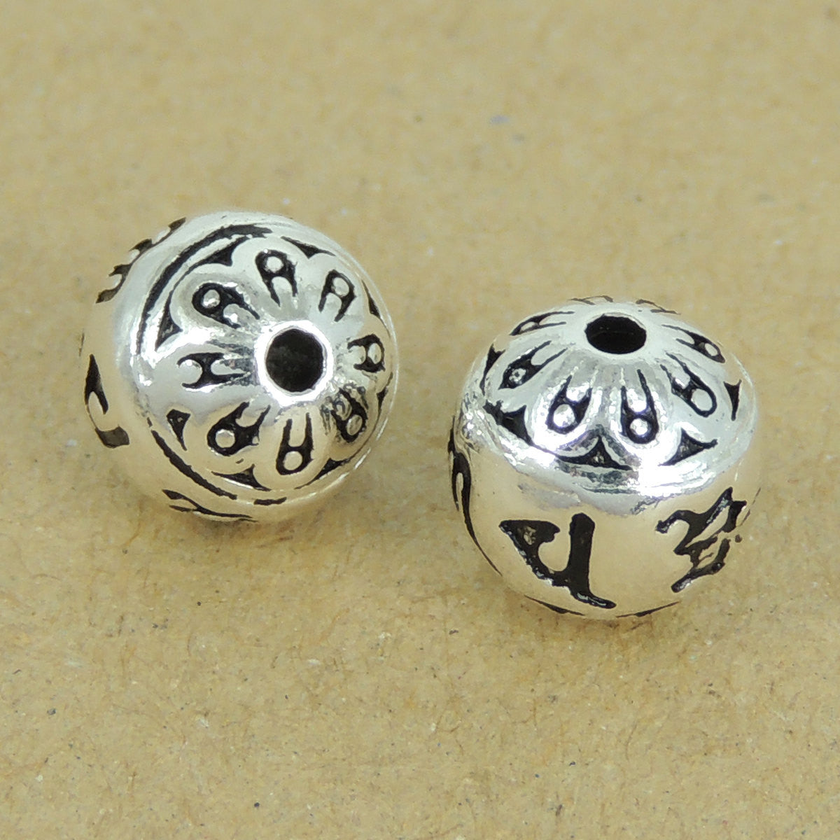 2 PCS Round OM Meditation Beads - S925 Sterling Silver WSP407X2