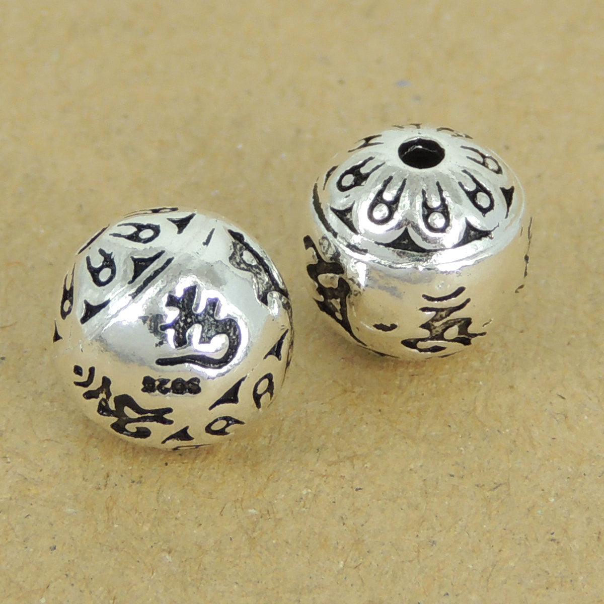 2 PCS Round OM Meditation Beads - S925 Sterling Silver WSP407X2