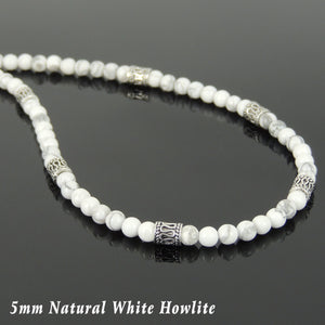 5mm White Howlite Healing Gemstone Necklace with S925 Sterling Silver Barrel Beads & Clasp - Handmade by Gem & Silver NK091