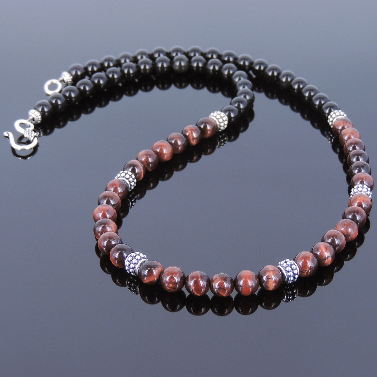 6mm Red Tiger Eye & Rainbow Black Obsidian Healing Stone Necklace with S925 Sterling Silver Spacer Beads & S-Hook Clasp - Handmade by Gem & Silver NK092