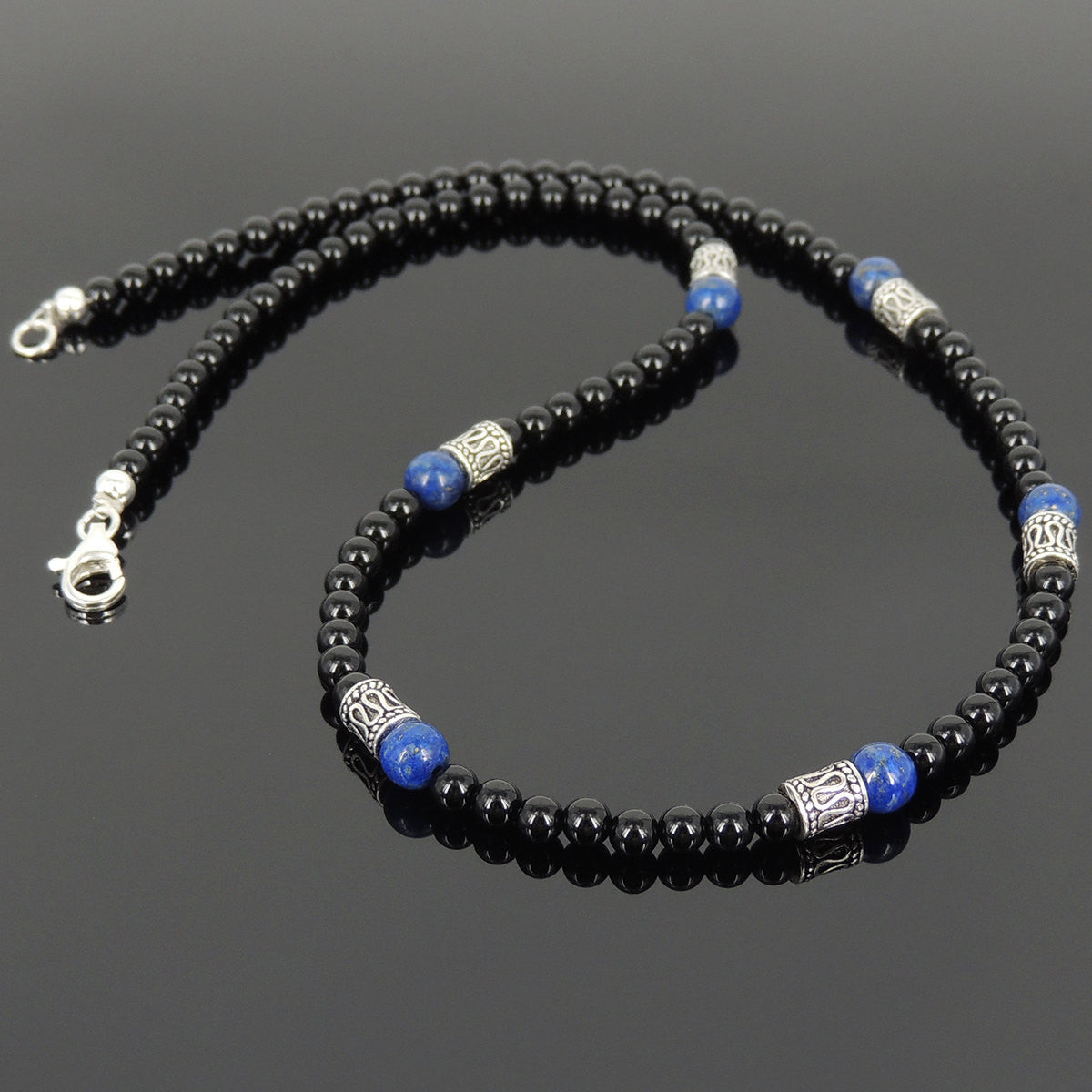 4mm Bright Black Onyx & Lapis Lazuli Healing Gemstone Necklace with S925 Sterling Silver Barrel Beads & Clasp - Handmade by Gem & Silver NK090