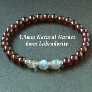 Garnet & Labradorite Healing Gemstone Bracelet with S925 Sterling Silver Spacers - Handmade by Gem & Silver BR633