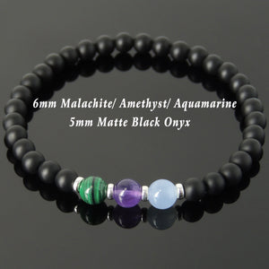 Malachite Amethyst Aquamarine & Matte Black Onyx Healing Gemstone Bracelet with S925 Sterling Silver Spacers - Handmade by Gem & Silver BR637