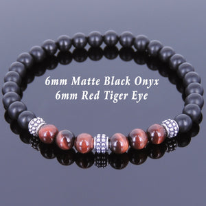 6mm Red Tiger Eye & Matte Black Onyx Healing Gemstone Bracelet with S925 Sterling Silver Spacers - Handmade by Gem & Silver BR639