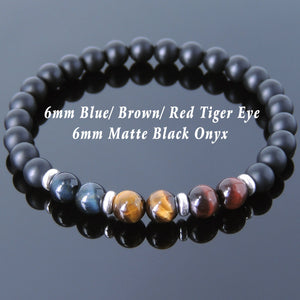6mm Red Blue Brown Tiger Eye & Matte Black Onyx Healing Gemstone Bracelet with S925 Sterling Silver Spacers - Handmade by Gem & Silver BR635
