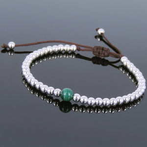 S925 Sterling Silver Seamless Beads & Malachite Adjustable Braided Gemstone Bracelet - Handmade by Gem & Silver BR638