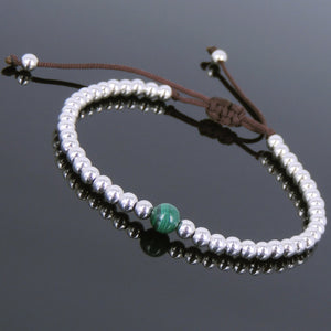 S925 Sterling Silver Seamless Beads & Malachite Adjustable Braided Gemstone Bracelet - Handmade by Gem & Silver BR638