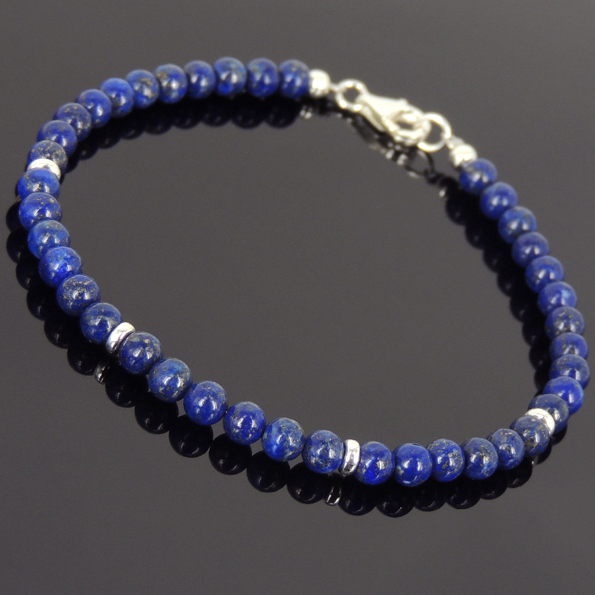 4mm Lapis Lazuli Healing Gemstone Bracelet with S925 Sterling Silver Seamless Spacers & Clasp - Handmade by Gem & Silver BR642