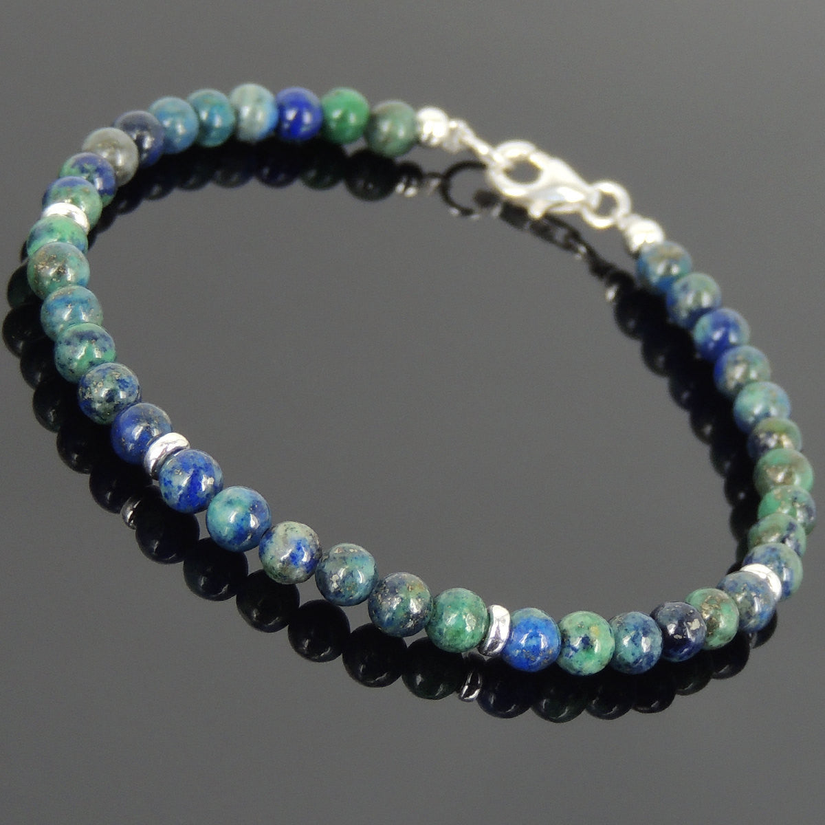 4mm Mixed Chrysocolla Lapis Gemstone Bracelet with S925 Sterling Silver Spacer Beads & Clasp - Handmade by Gem & Silver BR644