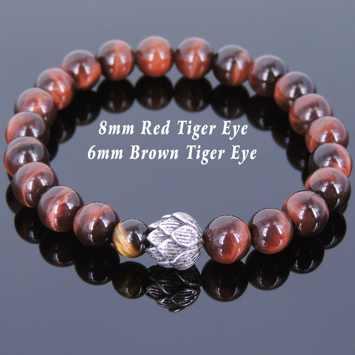 Red & Brown Tiger Eye Healing Gemstone Bracelet with S925 Genuine Sterling Silver Lotus Bead - Handmade by Gem & Silver TSB