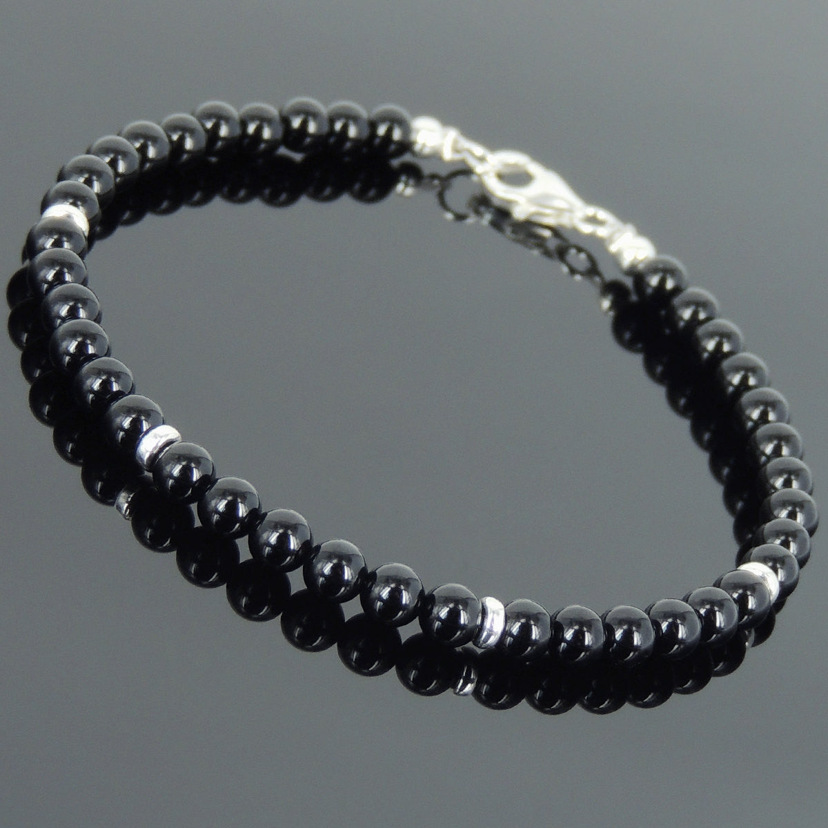 4mm Bright Black Onyx Healing Gemstone Bracelet with S925 Sterling Silver Seamless Spacers & Clasp - Handmade by Gem & Silver BR640