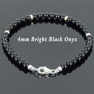 4mm Bright Black Onyx Healing Gemstone Bracelet with S925 Sterling Silver Seamless Spacers & Clasp - Handmade by Gem & Silver BR640