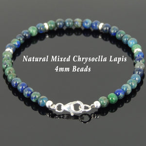 4mm Mixed Chrysocolla Lapis Gemstone Bracelet with S925 Sterling Silver Spacer Beads & Clasp - Handmade by Gem & Silver BR644