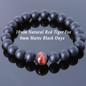 10mm Red Tiger Eye & 8mm Matte Black Onyx Healing Gemstone Bracelet - Handmade by Gem & Silver BR652