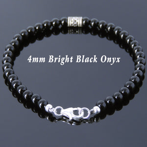 4mm Bright Black Onyx Healing Gemstone Bracelet with S925 Sterling Silver Artisan Barrel Bead & Clasp - Handmade by Gem & Silver BR654