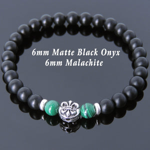 6mm Malachite & Matte Black Onyx Healing Gemstone Bracelet with S925 Sterling Silver Spacers & Fleur de Lis Bead - Handmade by Gem & Silver BR663