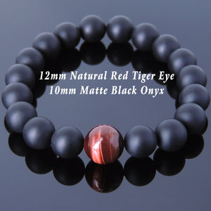 12mm Red Tiger Eye & 10mm Matte Black Onyx Healing Gemstone Bracelet - Handmade by Gem & Silver BR653